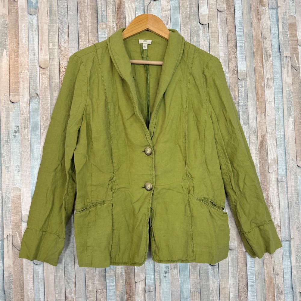 J. Jill Chartreuse Green 100% Linen Shawl Collar Blazer Jacket Crinkled Boho L